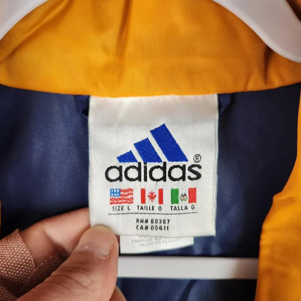 Adidas Jacket Mens Large Blue Yellow Windbreaker Track Nylon 3 Stripes Full Zip